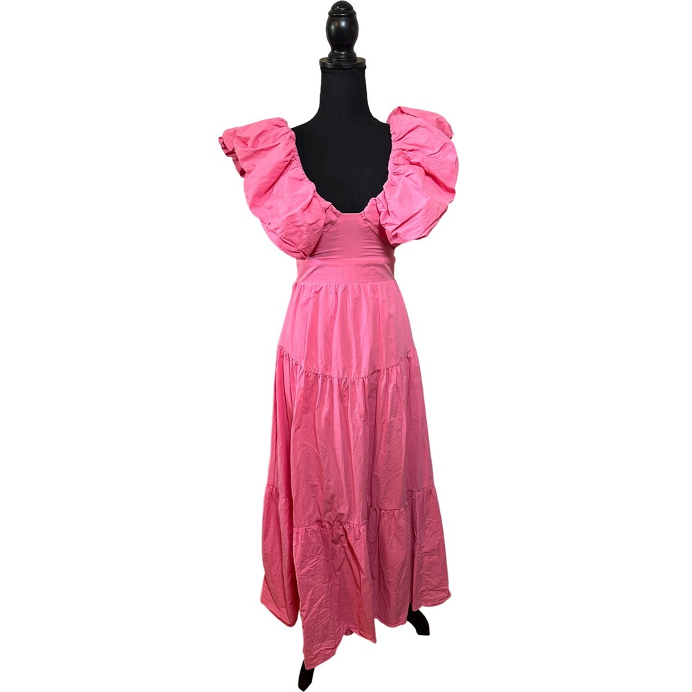 Mika & Gala Pink Cotton Ruffle Puff Sleeve Tiered Maxi Dress SZ 6 resort preppy